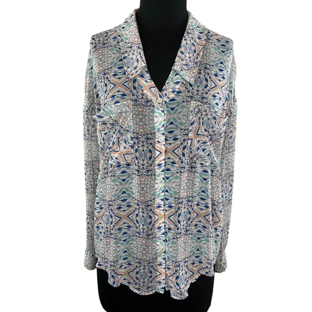 FREE PEOPLE Kaleidoscope Multi Print Button Up Collar Long Sleeve Shirt Medium M